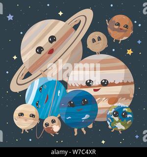 Cartoon Planeten des Sonnensystems auf Platz Hintergrund, Vector Illustration Stock Vektor