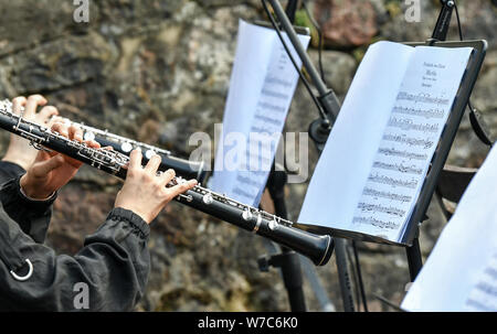 02. August 2019, Brandenburg, Rheinsberg: Musiker der jungen Kammerphilharmonie Berlin spielen im Orchester der Oper 'Martha oder Der Markt zu Richmond" im Heckentheater der Schlosspark vor Noten bei Klarinetten. Es wird als Teil der internationalen Open-air Festival Kammeroper Schloss Rheinsberg für die Förderung der jungen Sängerinnen und Sänger, die sich bis zum 17. August stattfinden. Foto: Jens Kalaene/dpa-Zentralbild/ZB Stockfoto