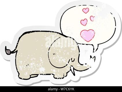 Cute cartoon Elefant mit Liebe Herzen mit Sprechblase distressed Distressed alte Aufkleber Stock Vektor