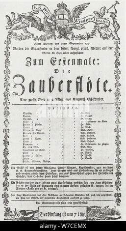 Theaterprogramm aus der ersten Aufführung der Zauberflöte am Theater auf der Wieden in Wien, Sept. Stockfoto