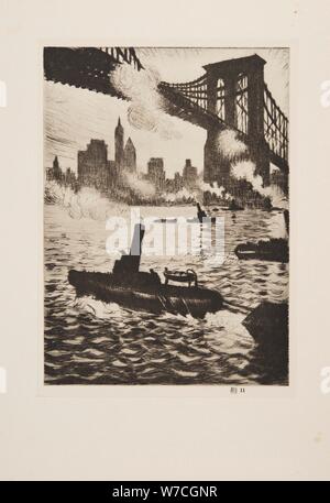 Unter der Brooklyn Bridge, ein Pub 1921. Schöpfer: Christopher Richard Wynne Nevinson (1889 - 1946). Stockfoto