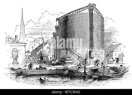 Außenansicht von der Londoner City Gaswerk und Gasometer und Kohle Kähne am Kai, 1876. Artist: Unbekannt Stockfoto