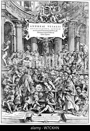 Titel Seite von Andreas Vesalius "De Humani Corporis Fabrica", anzeigen Vesalius Körper seziert, 1543. Artist: Andreas Vesalius Stockfoto
