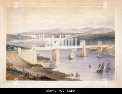 Britannia Tubular Brücke über die Menai Straits, Wales, c 1850 - c 1852. Artist: George Hawkins Stockfoto