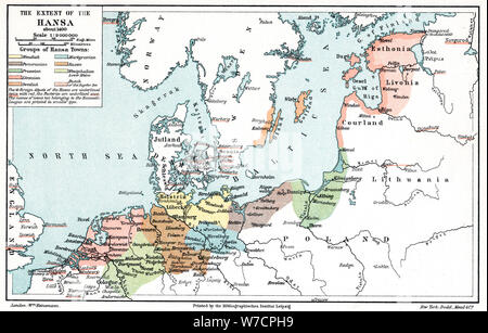 Karte der Umfang der Hanse in etwa 1400. Artist: Unbekannt Stockfoto