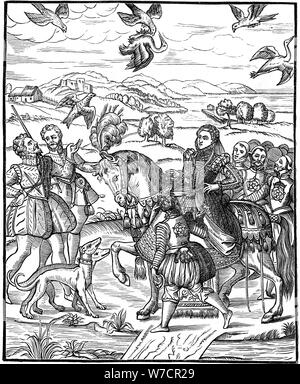 Königin Elizabeth I. und ihrem Gefolge, Hawking, 1575. Artist: Unbekannt Stockfoto