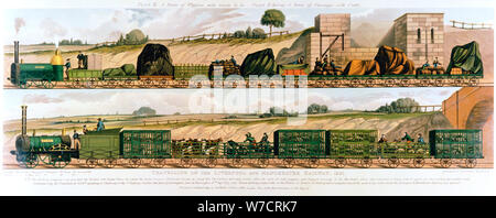 "Reisen auf der Liverpool und Manchester Railway", 1831. Artist: Unbekannt Stockfoto