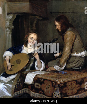 "Eine Frau Spielen der Theorbo-Lute und ein Cavalier', c 1658. Artist: Gerard Terborch II. Stockfoto