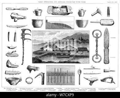 Pfahlbauten und die damit verbundenen Artefakte vom Zürichsee Schweiz, 1888. Artist: Unbekannt Stockfoto