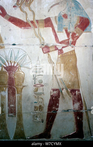 Wallpainting von Thoth (Ibis - Gott geleitet), Tempel von SETHOS I, Abydos, ägyptischen, c 1280 BC. Artist: Unbekannt Stockfoto