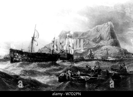 HMS Victory abgeschleppt Zurück zu Gibraltar, 1805, aus dem 19. Jahrhundert. Artist: Unbekannt Stockfoto