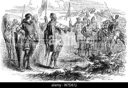 Konferenz von Stephen und Prinz Henry in Wallingford, Oxfordshire, 1153. Artist: Unbekannt Stockfoto