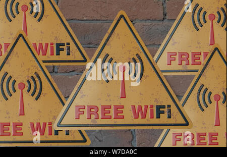 Bereich Anzeichen auf kostenfreies WLAN nutzen. Anmelden Kostenloser Wi-fi Metallplatte gelber Farbe auf eine Wand. Stockfoto