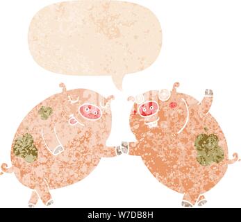 Cartoon Schweine tanzen mit Sprechblase in grunge Distressed retro strukturierte Stil Stock Vektor