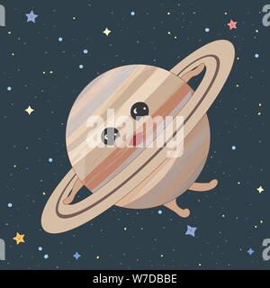 Cartoon Saturn Planet auf Platz Hintergrund, Vector Illustration Stock Vektor