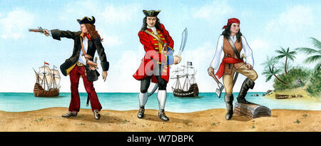 Anne Bonny, John "Calico Jack" Rackam und Mary Read, 18. Jahrhundert Piraten. Artist: Karen Humpage Stockfoto