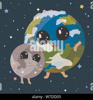 Cartoon Erde und Mond auf Platz Hintergrund, Vector Illustration Stock Vektor