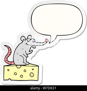 Cartoon Maus Auf Käse mit Sprechblase Aufkleber Stock Vektor