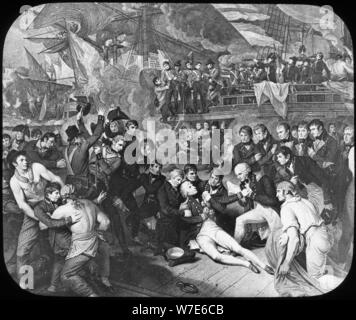 Admiral Lord Nelson in der Schlacht von Trafalgar, 1805 verwundet. Artist: Newton & Co. Stockfoto