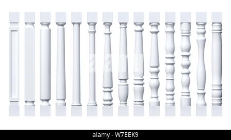 Sammlung von Weißen isolierte Säulen, Pilastern, Baluster Stockfoto