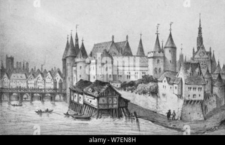 "Die Pont Aux Meuniers und ein Teil des Palais du Roi De La Cite in 1556', 1915. Künstler: unbekannt. Stockfoto