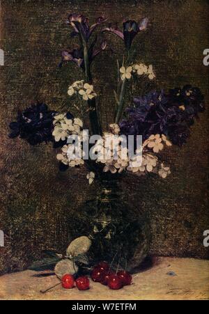 'Vase mit Blumen, mit Kirschen und Mandeln auf dem Tisch, Nature Morte; Iris, Delphinium hybride ein Künstler: Henri Fantin-Latour. Stockfoto