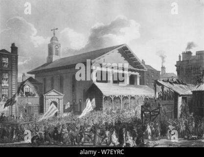 Str. Pauls Kirche, Covent Garden Market, während der Wahlen von Westminster im Jahr 1808 (1911). Künstler: Augustus Charles Pugin. Stockfoto