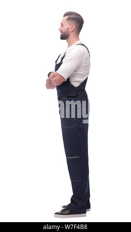 Seitenansicht. Zuversichtlich Mann in Overalls Freuen uns Stockfoto