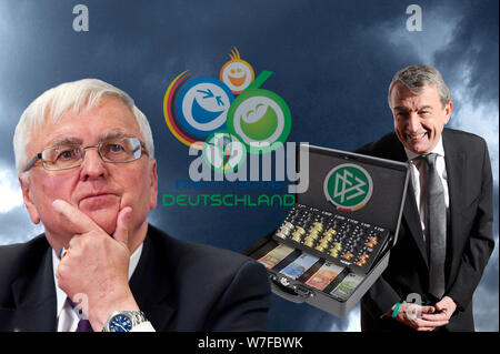 Wm-Skandal - Schweiz wirft ex-DFB-Chefs Niersbach und Zwanziger Archiv Foto: FOTOMONATGE: Die Steuerfahndung hat das Big Hit gegenüber dem DFB gemacht: Im Zuge der Erwithtlungen rund um die WM 2006 dutzende Beamte durchsuchten die Föderation der Zentrale des DFB in Frankfurt am Main. Die Erwithtler machen schwere Vorwürfe gegen Präsident Wolfgang Niersbach (rechts) und Vorgänger Theo Zwanziger. Die angeklagten für bis zu fünf Jahren Haft bedroht. Korruptionsverdacht den DFB bei der Vergabe der Fußball-Weltmeisterschaft 2006. 101-5337. € | Nutzung weltweit Stockfoto