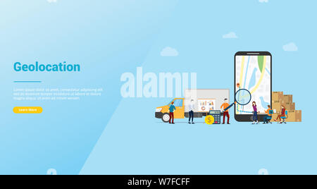 Geolocation Optimierung Suche nach besten Routen in Karten App für Unternehmen Lieferung Service mit moderner Flacher Stil für Website Vorlage oder Landung homep Stockfoto