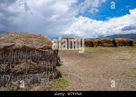 Die Außenseite des Strohhütten in einem Masai Dorf. Maasai einer ethnischen Gruppe von Halbnomaden. In der Serengeti, Tansania fotografiert. Stockfoto