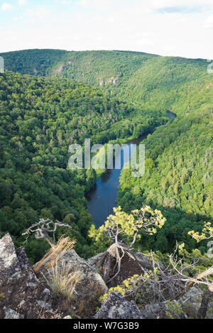Thaya Tal panorama Luftbild des Flusses durch dichten Mischwald und steile Felsen eingerahmt. Stockfoto