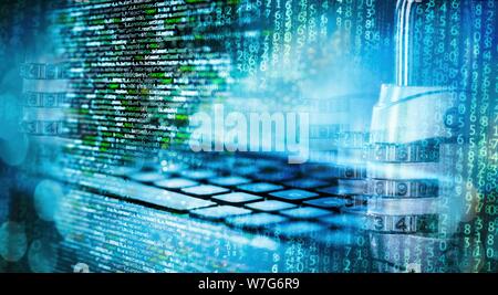 Programmierung Code mit Zahlenschloss, Matrix, Computer und abstrakter Technischer Hintergrund in blau | Nutzung weltweit Stockfoto