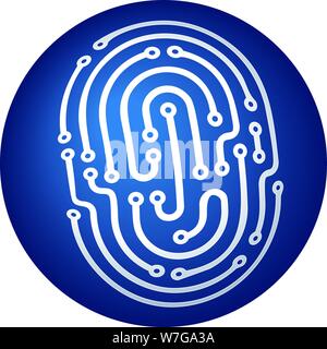 Vector Illustration. Identität Fingerabdruck Symbol in Blau in drei Dimensionen Sphäre. Stock Vektor