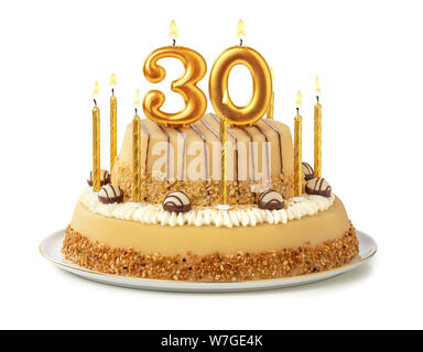 Festliche Kuchen mit goldenen Kerzen - Nummer 30 Stockfoto