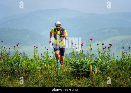 Athleten verläuft entlang einer blühenden Wiese im Hochland. Mann in einem gelben T-Shirt und schwarze Shorts ist Training im Freien. Trail Running Stockfoto