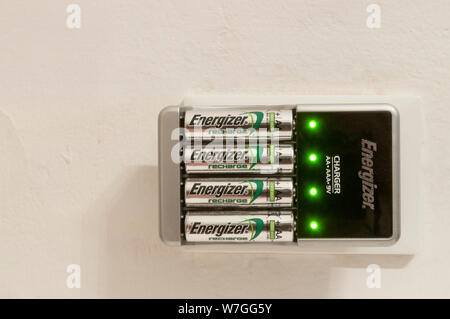 Carrara, Italien - 6 August, 2019 - Vier Energizer Akkus im Ladegerät an eine Steckdose angeschlossen Stockfoto