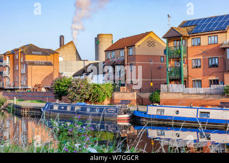 Northampton GROSSBRITANNIEN. 23. Juli 2019. Einen warmen, sonnigen Morgen zusammen ein ziemlich Strecke des Flusses Nene in der Nähe des Stadtzentrums, mit Reflexionen in der ruhigen wa Stockfoto