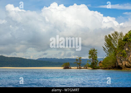 Insel in Indonesien. Raja Ampat. Leeren Strand am Ufer eines tropischen Insel. Eine einsame Hütte versteckt sich hinter den Bäumen Stockfoto