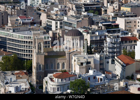 Griechenland, Athen: Blick auf die Kathedrale Mariä Verkündigung von der Akropolis. Stockfoto