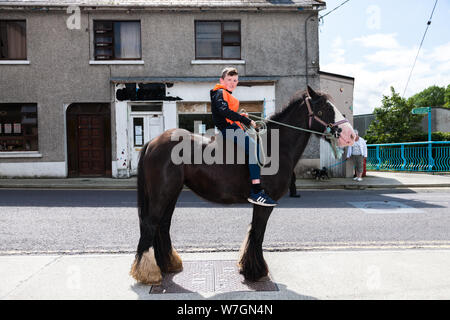 Dunmanway, Cork, Irland. 06 August, 2019. Moosige Stokes auf seinem heavey Pferd 000 bei der Ballabuidhe Horse Fair, die im August in Dunmanway gehalten wird, Co Cork, Irland. - Gutschrift; David Creedon/Alamy leben Nachrichten Stockfoto