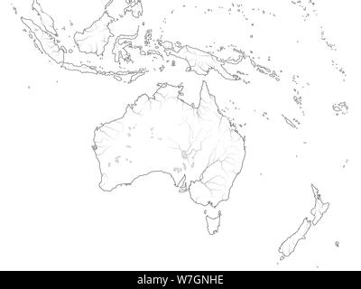 Welt Karte von Australien Region: Australien, Neuguinea, Neuseeland, Ozeanien, Indonesien, Polynesien, Pazifik. Geographische Chart mit Küste. Stockfoto