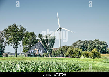 Franeker, Niederlande, 27. Juli 2019: Friesische Polderlandschaft mit einem traditionellen Bauernhof, moderne Windenergieanlagen, Bäume und ein Maisfeld auf einem sonnigen da Stockfoto