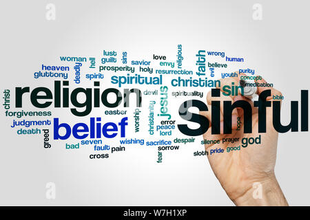 Sündige Word Cloud-Konzept mit Religion Sünde Verwandte tags Stockfoto