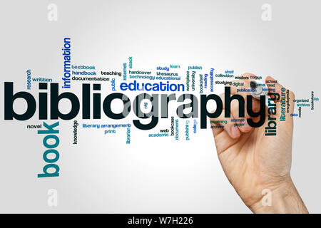 Bibliographie-Konzept Word Cloud-Hintergrund Stockfoto