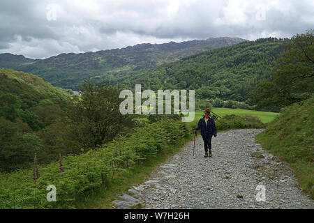 Eine Frau, die zu Fuß Watkins Weg bis auf den Gipfel des Mount Snowdon in Snowdonia National Park in Nord Wales, Großbritannien Stockfoto