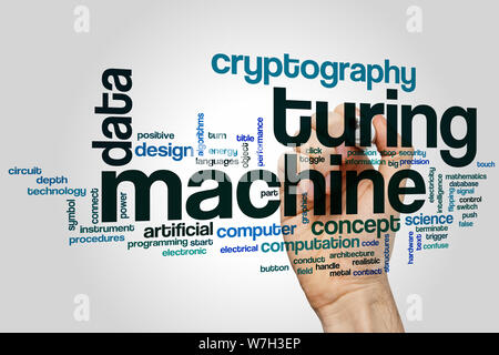 Turing Maschine Word Cloud-Konzept mit Daten Kryptographie Verwandte tags Stockfoto