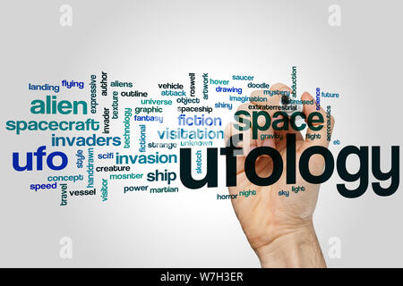 Ufologie Word Cloud-Konzept mit alien-Invasion Verwandte tags Stockfoto