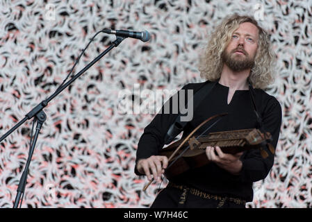 SIBIU, Rumänien - 26. JULI 2019: Norwegische Nordic Music band Wardruna live bei Artmania Festival Stockfoto