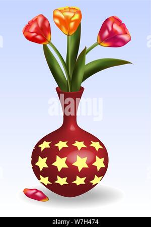 Drei Tulpen rot, rosa, orange in würdevollem Vase mit gemalten Sternen. Abbildung: wunderschöne Vase mit Tulpen auf weißem Hintergrund Stock Vektor